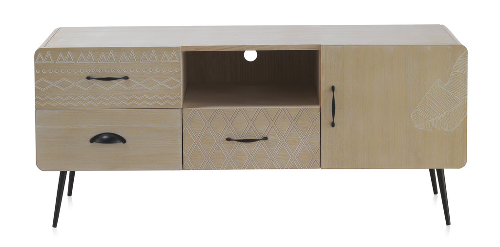 MUEBLE TV MADERA NATURAL PATAS METALICAS NEGRAS