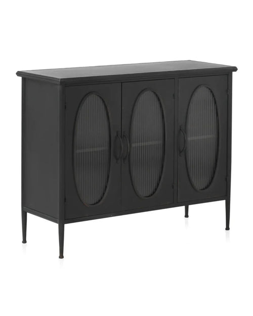 Aparador de metal con puertas de cristal ovaladas, vista frontal