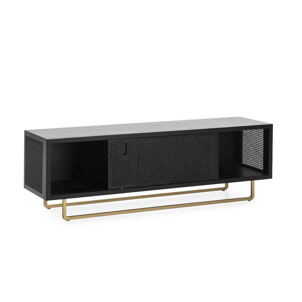 Mueble TV 160x42x52 Madera/Ratán/Metal Negro/Dorado