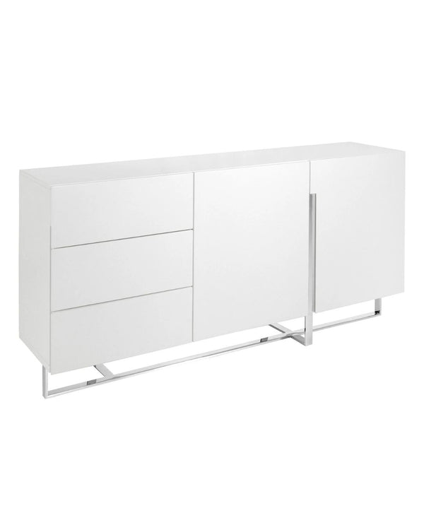Aparador 180x42x85 cm de fusta blanca i acer cromat, 3 calaixos i 2 portes
