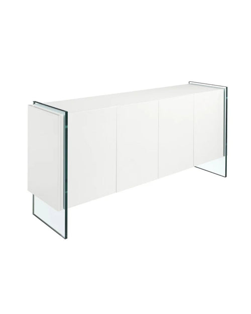 Aparador de 170x43x77 cm en madera blanca con patas de cristal templado