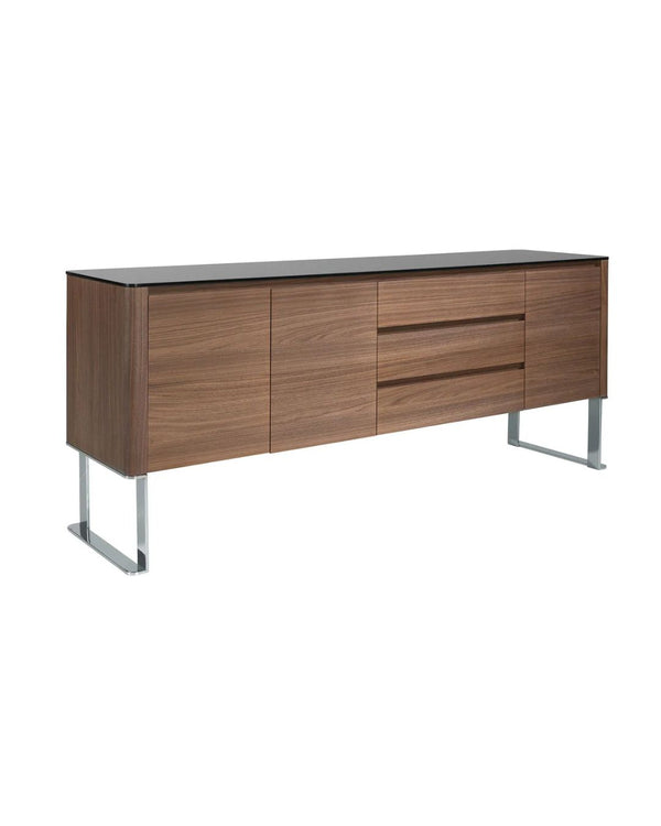 Aparador 200x50x81 cm de noguera, acer cromat i tapa de vidre negre