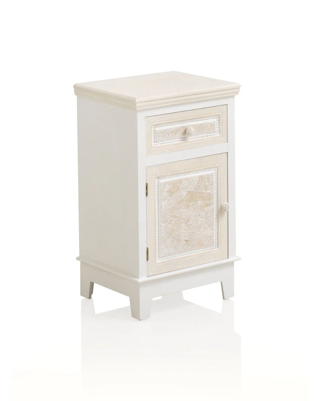 MESITA 1 CAJON+1 PUERTA MADERA BLANCO SOBRE Y FRONTIS EN CREMA