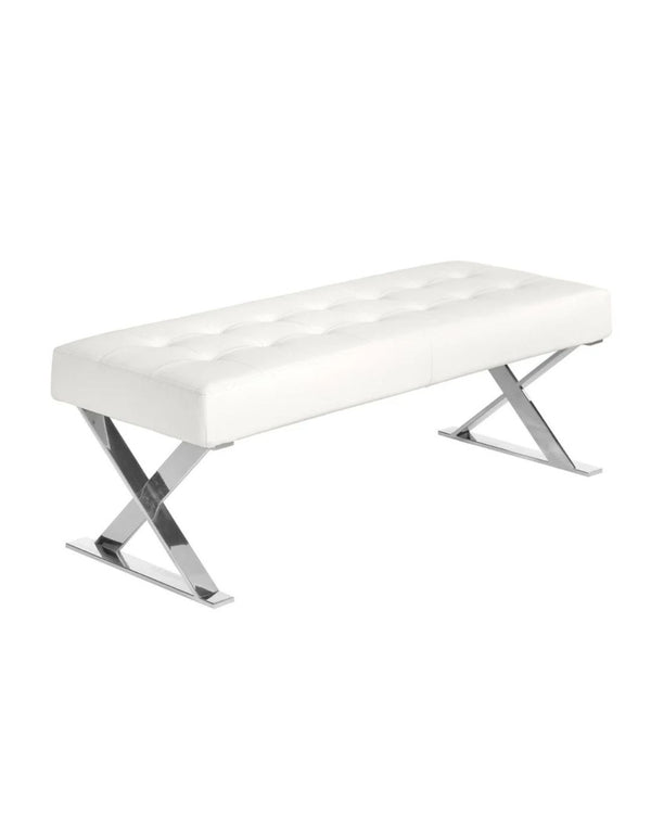 Banqueta de polipell blanca amb potes en X cromades 120x45x42 cm
