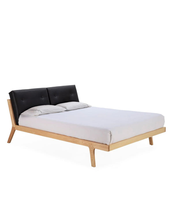 Llit 157x224x75 cm de fusta i pell negra i natural