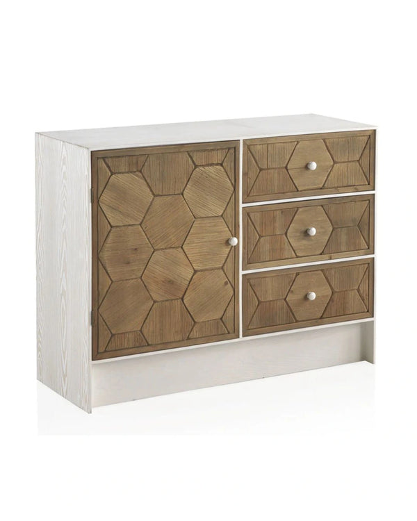 Cómoda de 1 puerta y 3 cajones en fresno blanco 105x40x80 cm