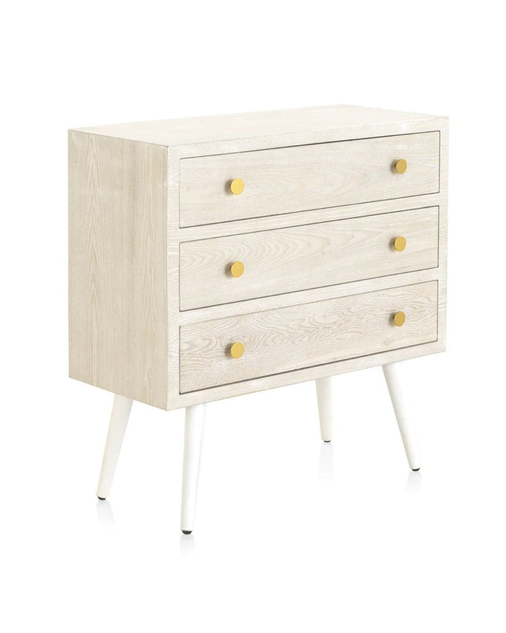 COMODA 3 CAJONES CHAPADO EN FRESNO PATINADO BLANCO, TIRADOR ORO