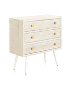 COMODA 3 CAJONES CHAPADO EN FRESNO PATINADO BLANCO, TIRADOR ORO