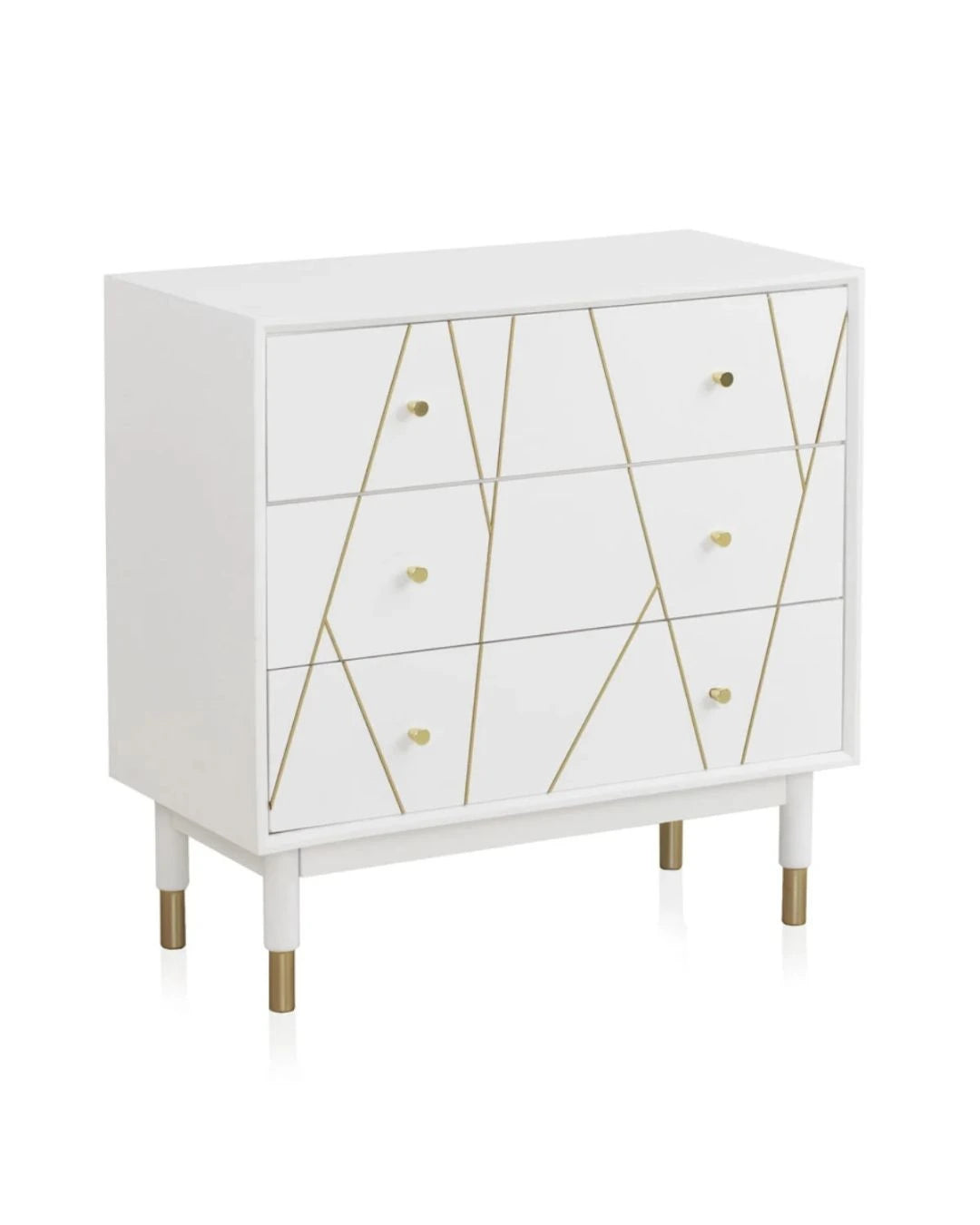 COMODA 3 CAJONES LACADA EN BLANCO CON FRONTIS DECORADO EN ORO
