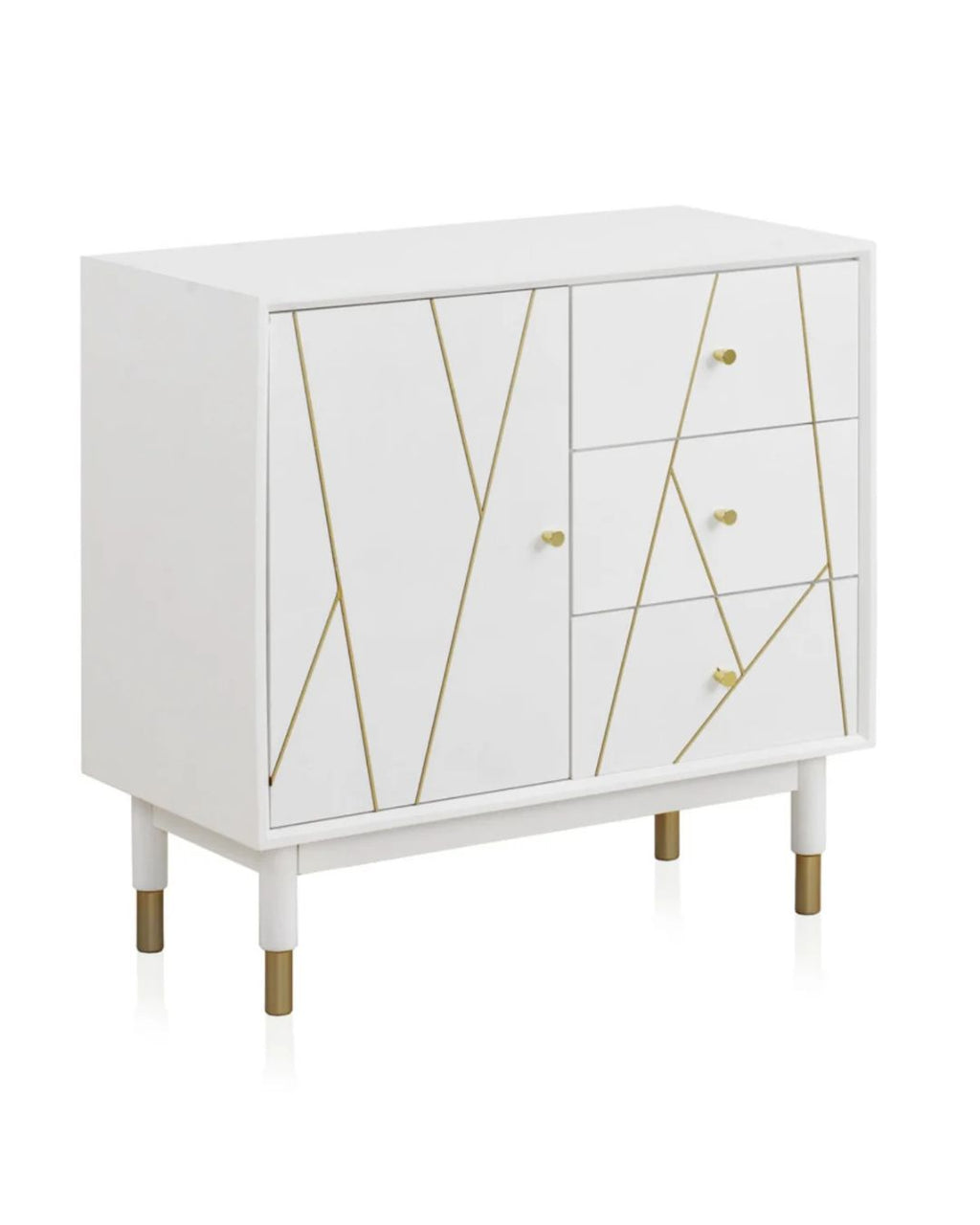 COMODA 3 CAJONES Y 1 PUERTA LACADA EN BLANCO CON FRONTIS DECORADO EN ORO