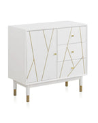 COMODA 3 CAJONES Y 1 PUERTA LACADA EN BLANCO CON FRONTIS DECORADO EN ORO