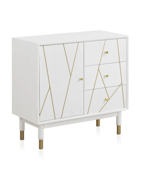 Cómoda de 3 cajones y 1 puerta lacada en blanco, vista frontal