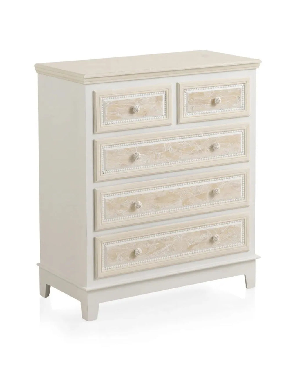COMODA 5 CAJONES MADERA BLANCO SOBRE Y FRONTIS EN CREMA
