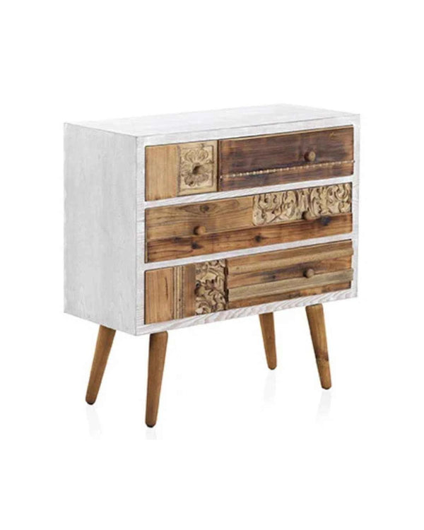 Cómoda blanca con frontis de madera recuperada natural 80x36x81 cm