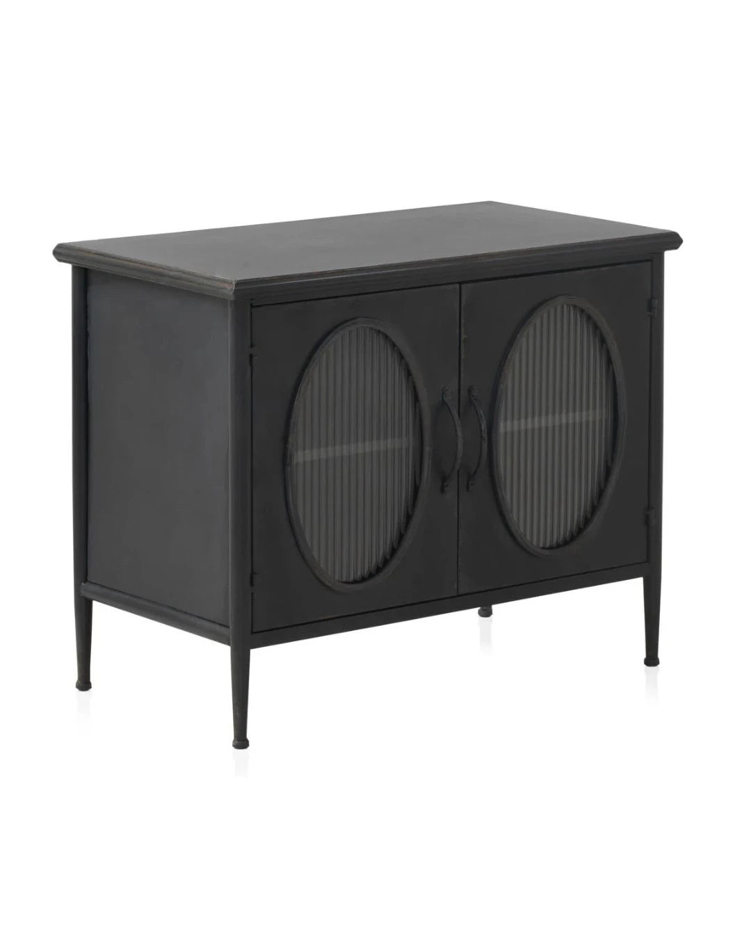 COMODA CON ESTRUCTURA METAL, PUERTA CON CRISTAL DE FORMA OVAL