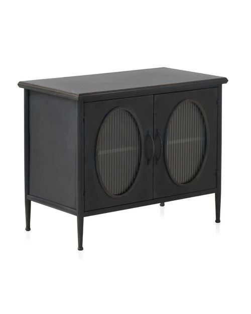 Cómoda de metal con puerta de cristal oval, vista frontal