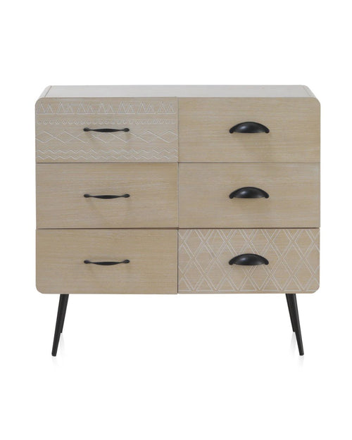 Cómoda de madera natural con patas negras, vista frontal