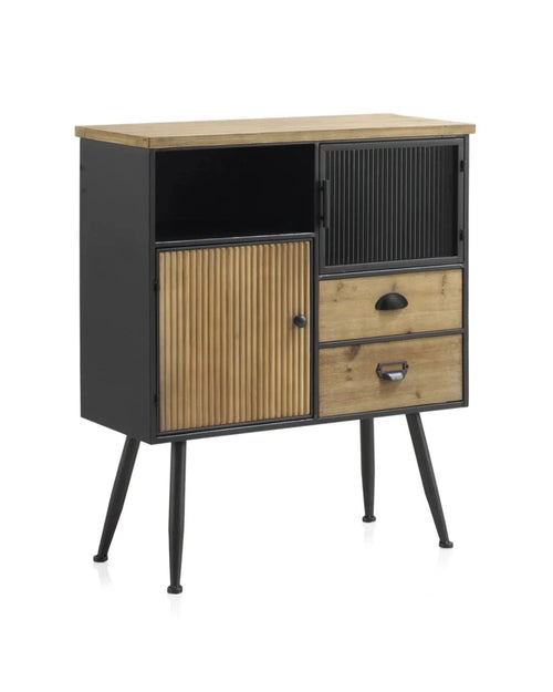 Cómoda metálica con sobre de madera, vista frontal
