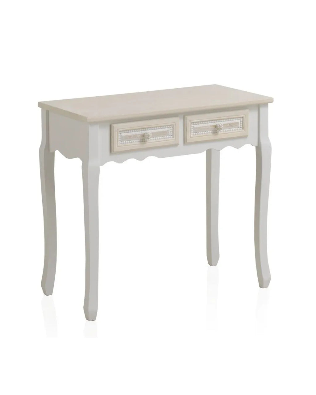 CONSOLA 2 CAJONES MADERA BLANCO SOBRE Y FRONTIS EN CREMA