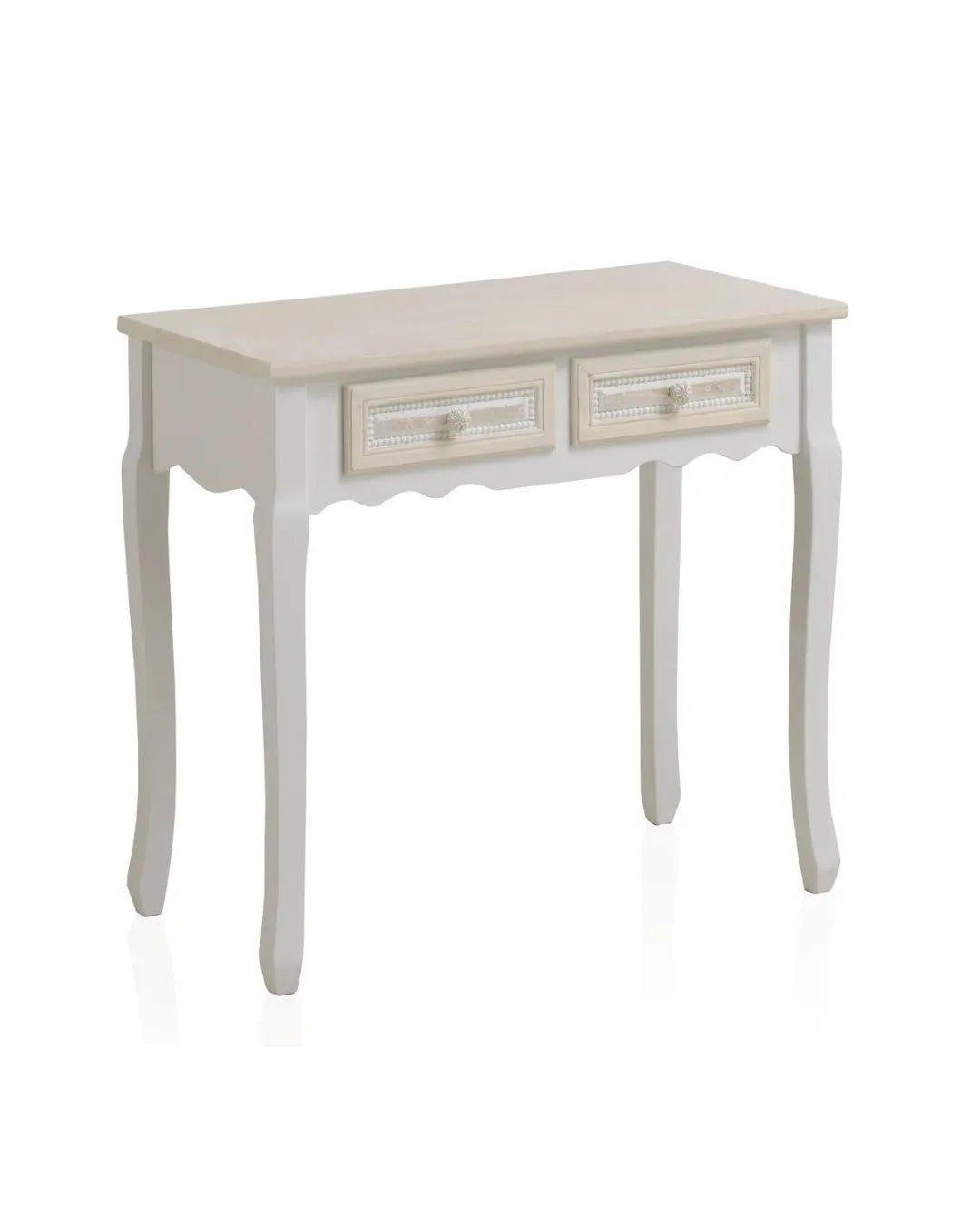 CONSOLA 2 CAJONES MADERA BLANCO SOBRE Y FRONTIS EN CREMA
