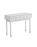 CONSOLA 2 CAJONES LACADA EN BLANCO CON FRONTIS DECORADO EN ORO