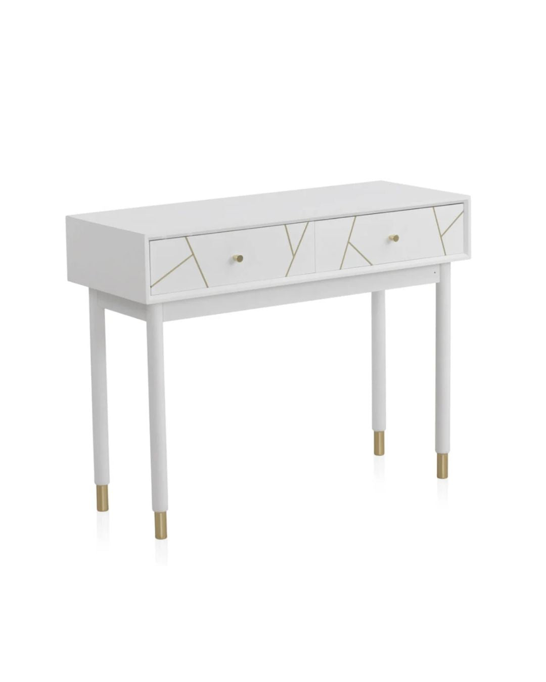 CONSOLA 2 CAJONES LACADA EN BLANCO CON FRONTIS DECORADO EN ORO