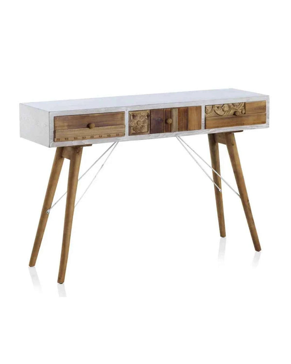 Consola base blanca con frontis de madera recuperada natural 120x36x81 cm