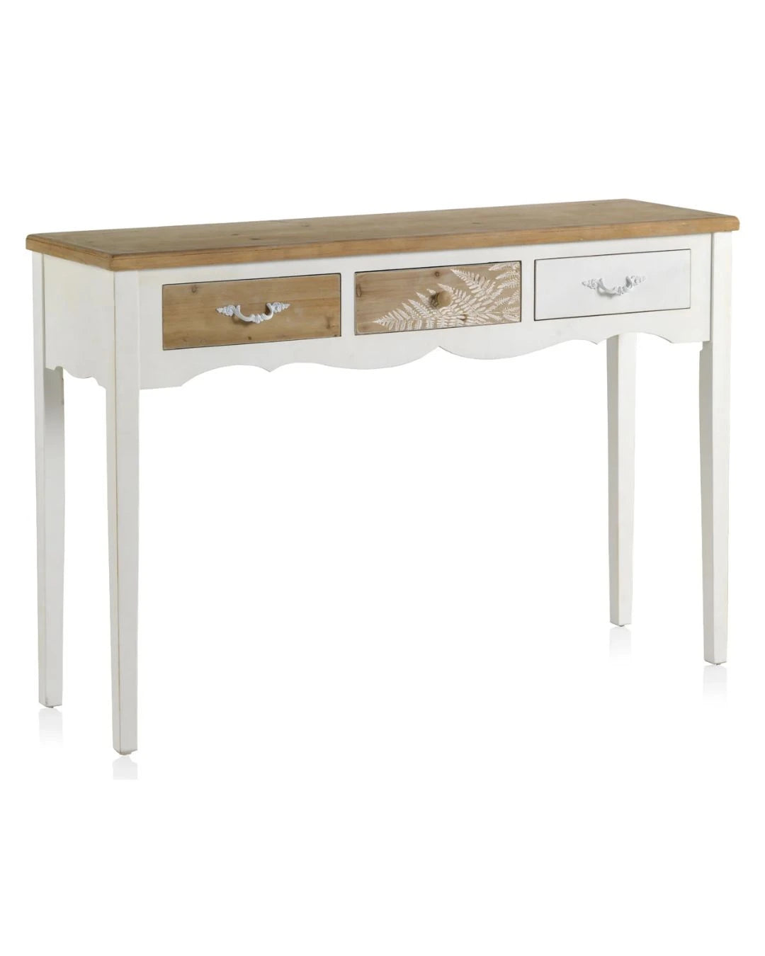 CONSOLA MADERA BLANCA 3 CAJONES TAPA NATURAL