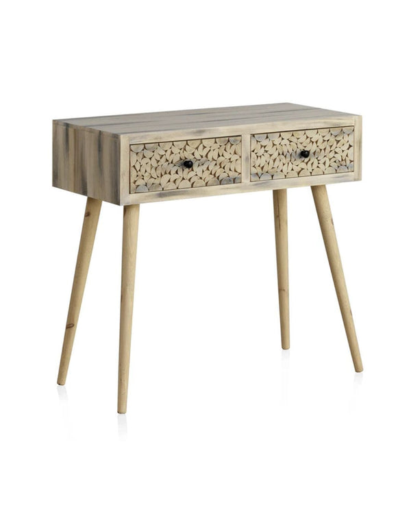 Consola de fusta d'àlber natural amb 2 calaixos 85x40x79 cm
