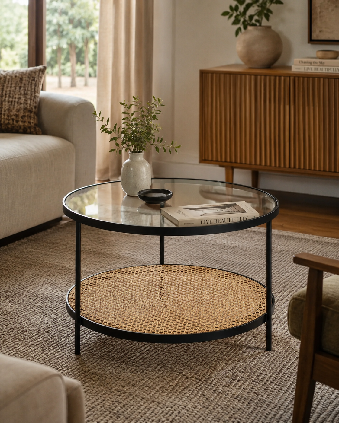MESA DE CENTRO 66x66x45 CRISTAL/RATAN/METAL NEGRO