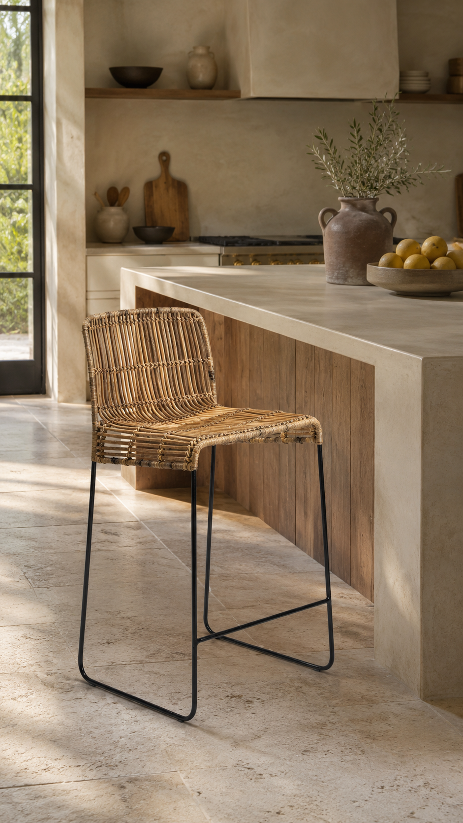 TABURETE ALTO 51x51x93 METAL NEGRO/MIMBRE NATURAL