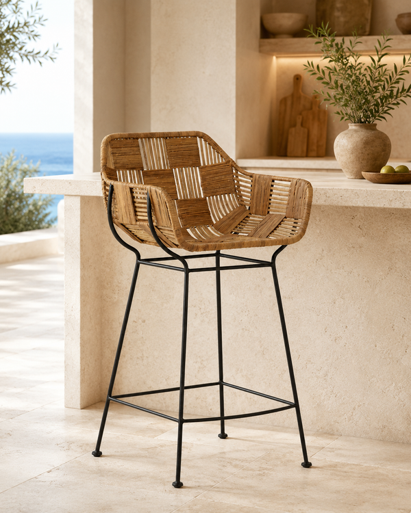 Taburete 52x51x95,50 cm de metal y mimbre con respaldo