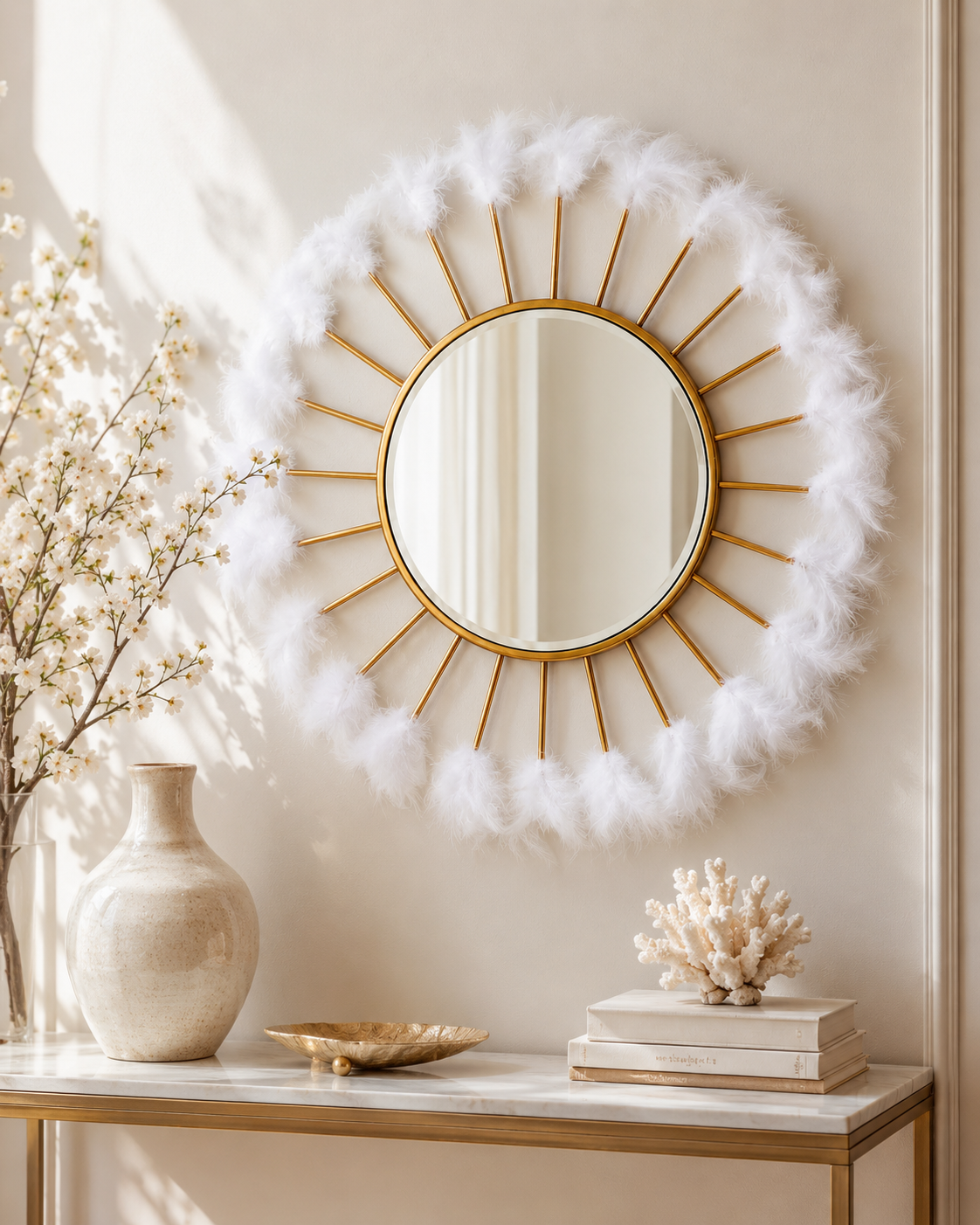 ESPEJO 103x4x103 CRISTAL/METAL DORADO/PLUMAS BLANCO
