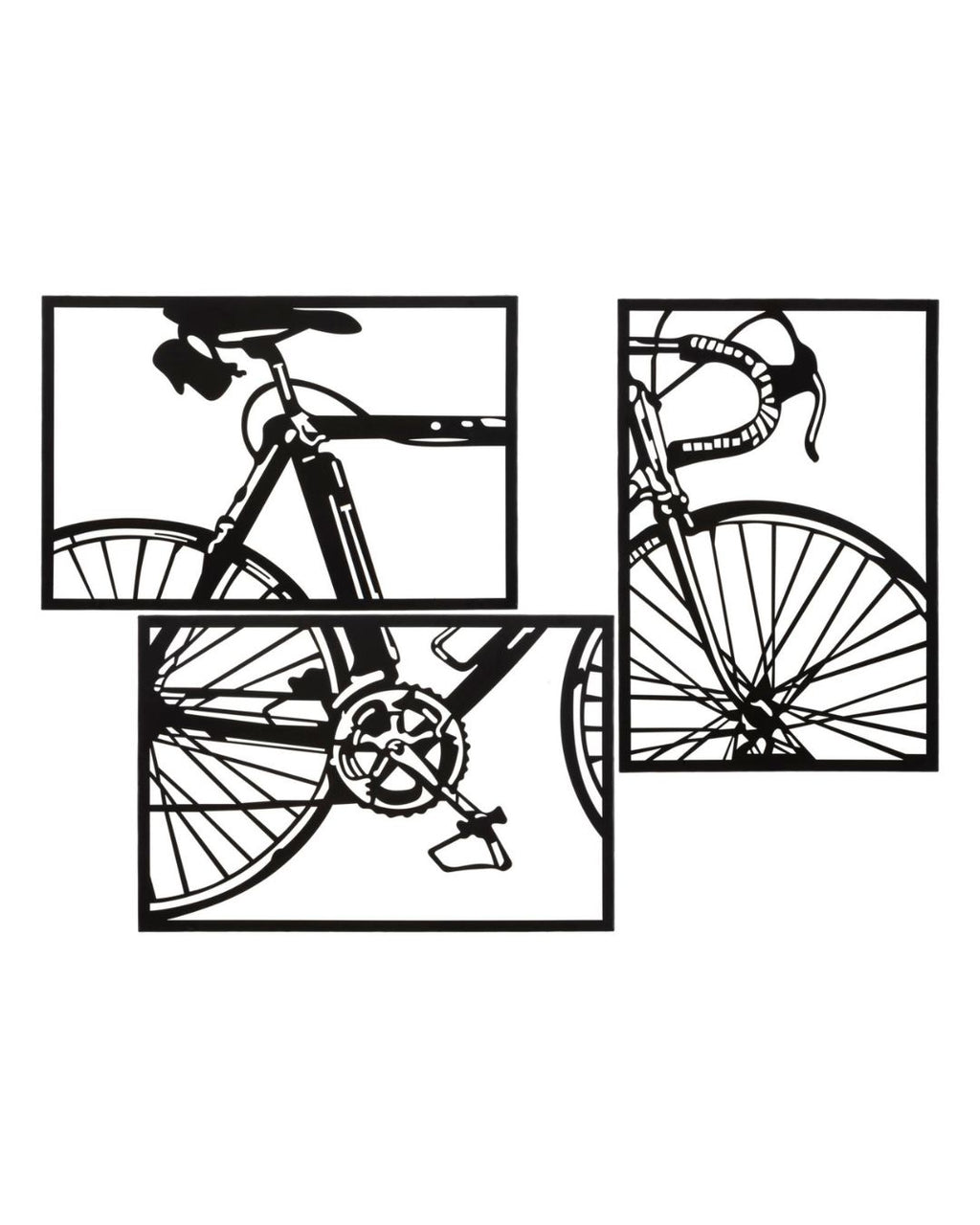 Conjunto de 3 paneles 3D de metal negro con forma de bicicleta, 40 x 1,3 x 60 cm.