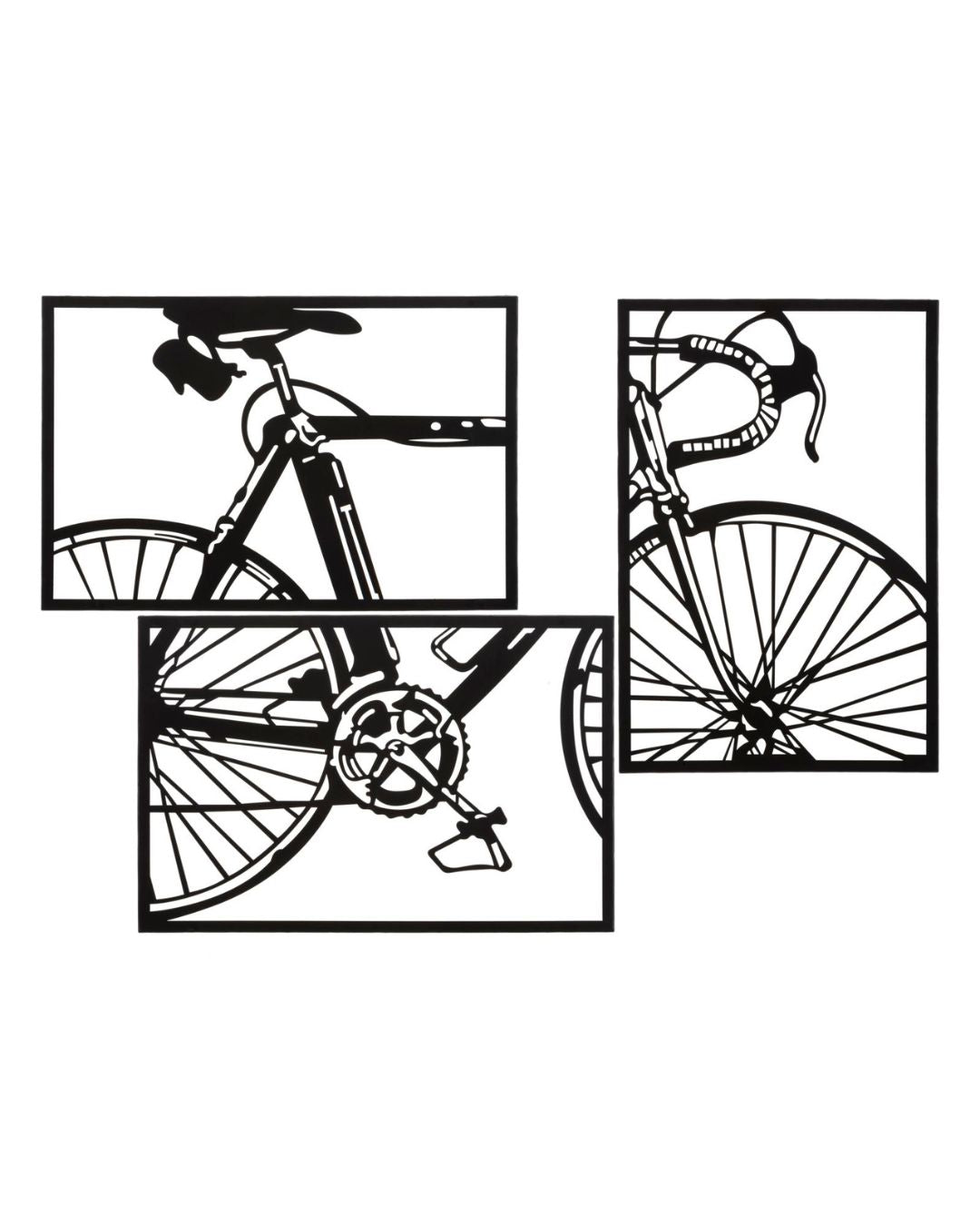 Conjunto de 3 paneles 3D de metal negro con forma de bicicleta, 40 x 1,3 x 60 cm.