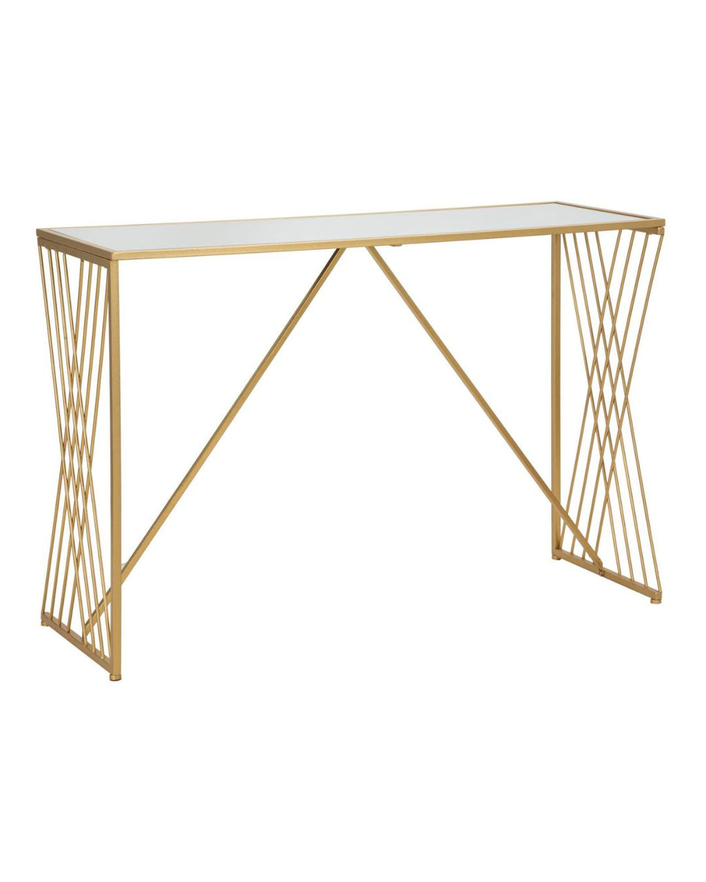 Consola geométrica de metal y espejo dorado, 120x40x80 cm.
