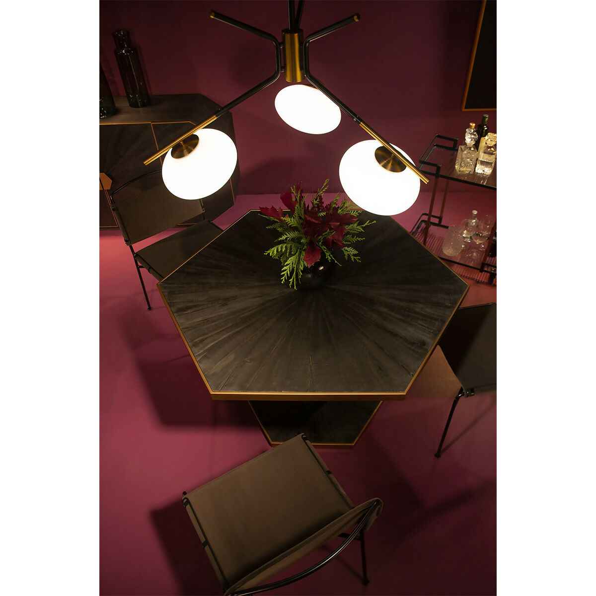 Mesa Comedor 135x117x78 Madera de Pino reciclado/Metal Gris Ceniza/Dorado