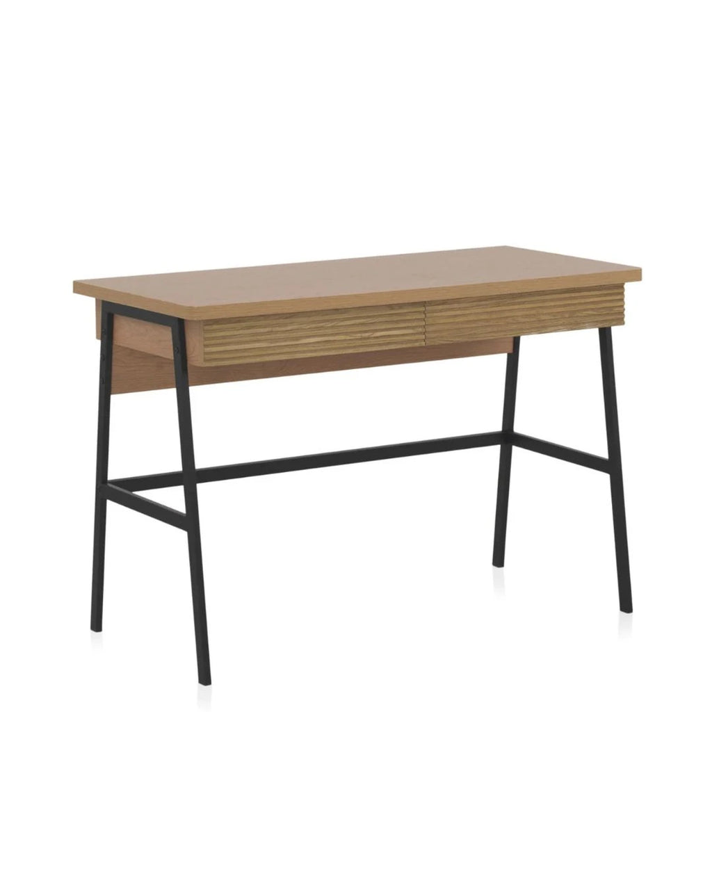 ESCRITORIO CHAPADO EN FRESNO NATURAL CON PIES METALICOS NEGROS