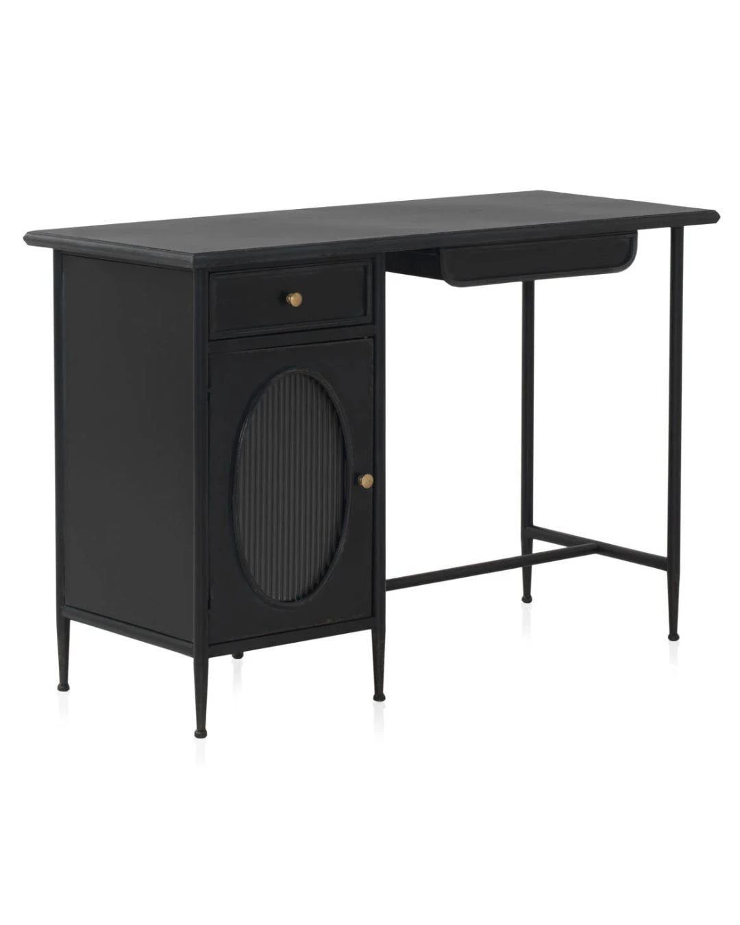 ESCRITORIO CON ESTRUCTURA METAL, PUERTA CON CRISTAL DE FORMA OVAL Y 2 CAJONES