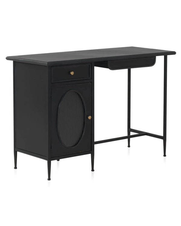 Escriptori de metall amb porta de vidre oval i 2 calaixos 120x50x80 cm