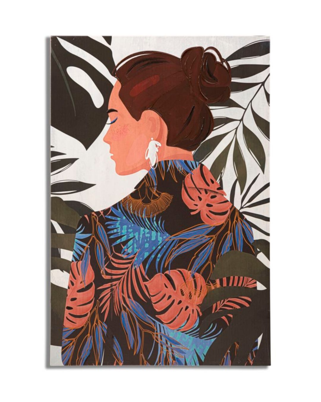 Grabado pintado sobre lienzo de una mujer multicolor, 80 x 2,8 x 120 cm