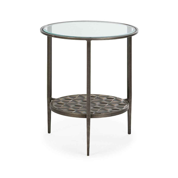 Taula auxiliar 52x52x62 cm de metall i vidre daurat antic