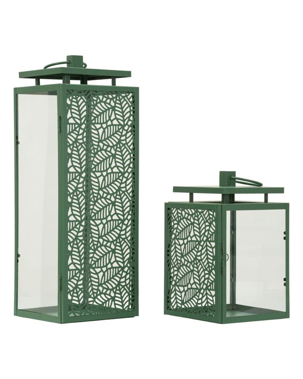 Joc de 2 fanals de metall calat verd sàlvia 15x14,5x41,5 i 15x14,5x24 cm