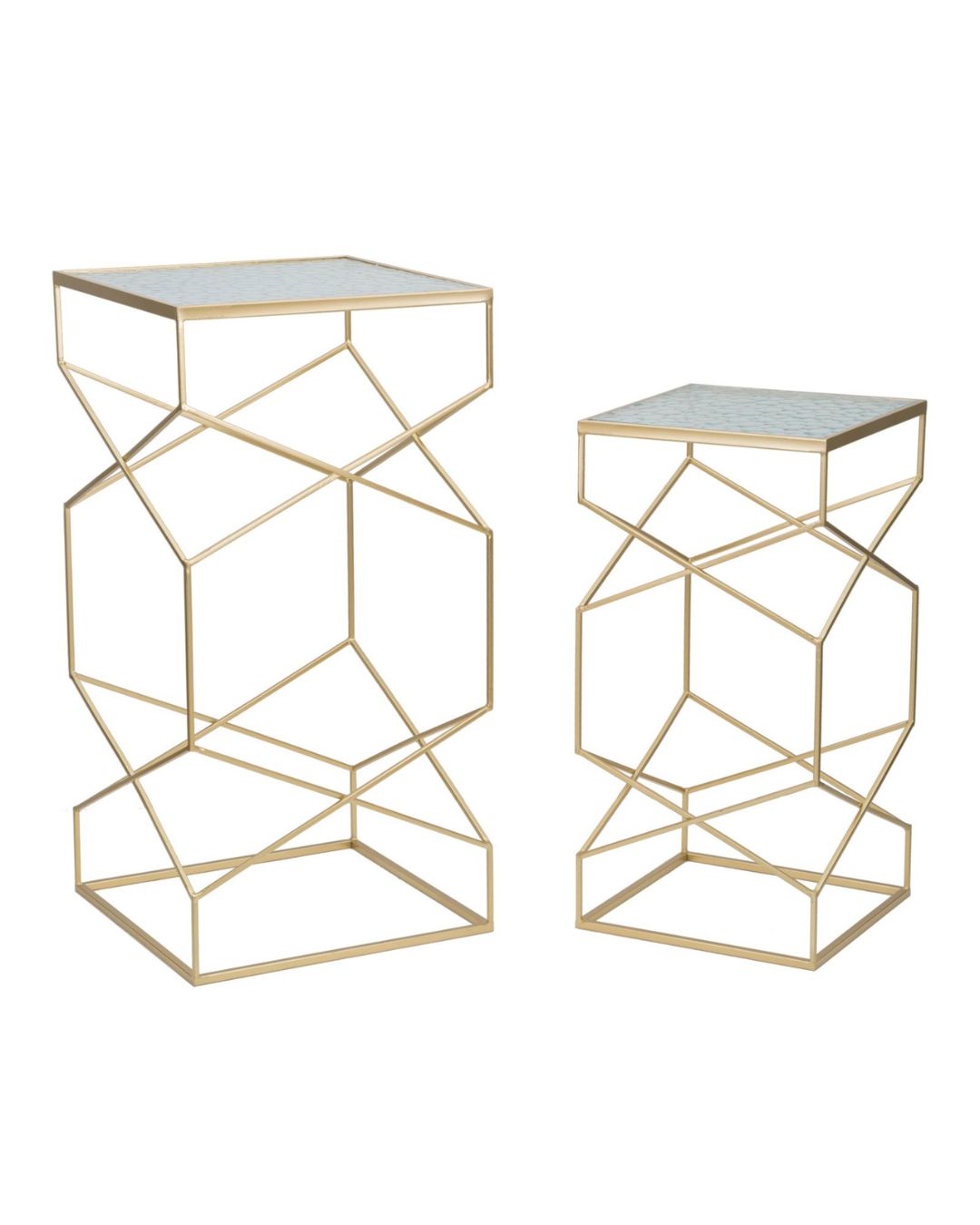 Juego de 2 mesas de centro de metal dorado y cristal, 50x50x100-40x40x80 cm