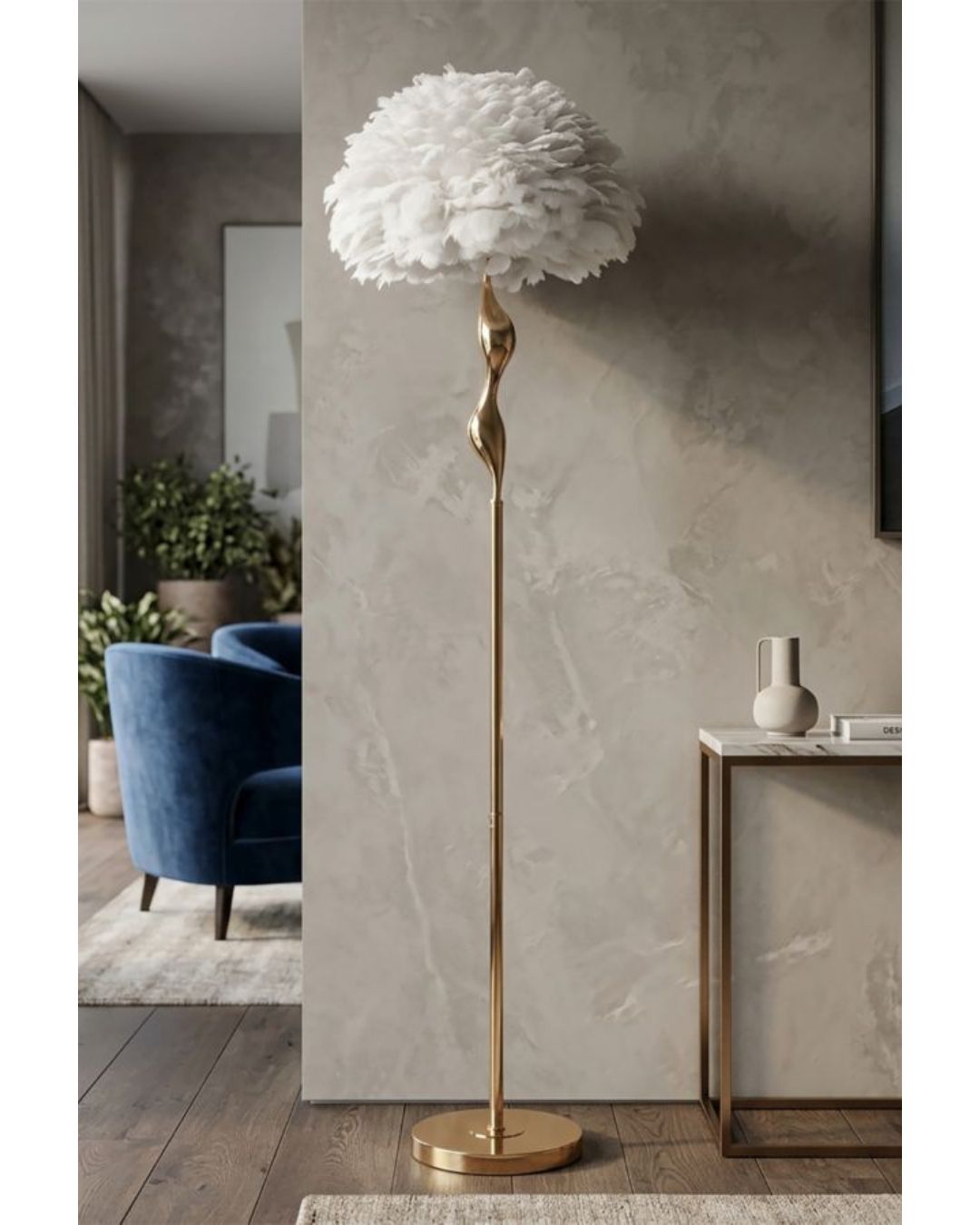 Lámpara de pie con plumas blancas, Ø 50 x 165 cm