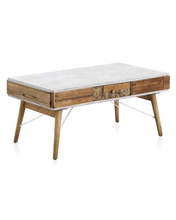 Mesa de centro con base blanca y frontis de madera recuperada natural 110x60x49 cm