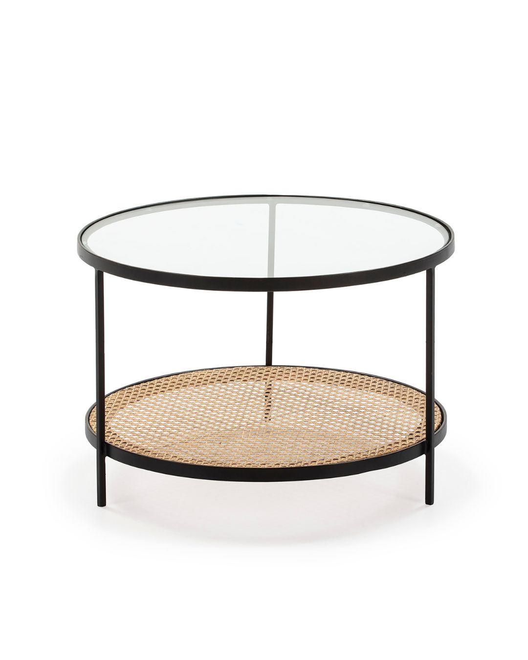 MESA DE CENTRO 66x66x45 CRISTAL/RATAN/METAL NEGRO