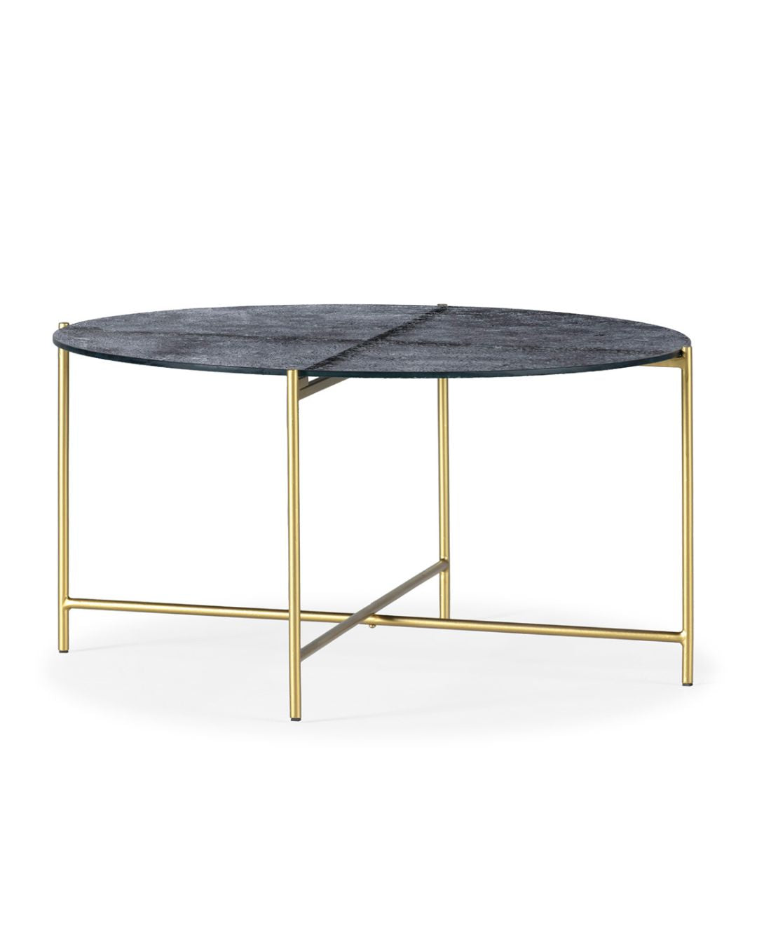MESA DE CENTRO 78x78x40 CRISTAL ARENADO AZUL/METAL DORADO