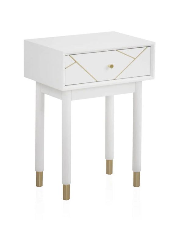 Tauleta de nit d'1 calaix lacada en blanc amb frontal daurat 48x35x67 cm