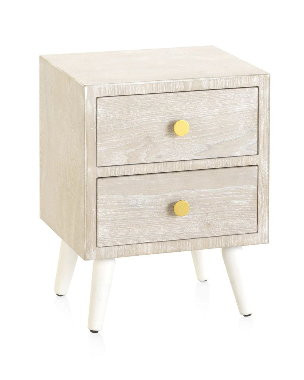 MESITA 2 CAJONES CHAPADO EN FRESNO PATINADO BLANCO, TIRADOR ORO